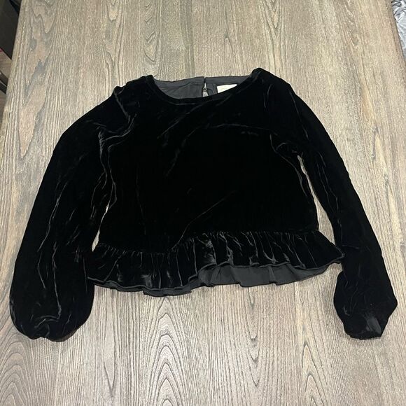 NWT Chaser Black Velvet Long Puff Sleeve Peplum Hem Blouse Size M - Picture 1 of 6